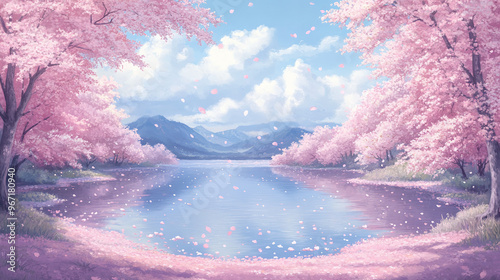 Stunning Cherry Blossom Landscape with Lake and Mountains, Anime Style