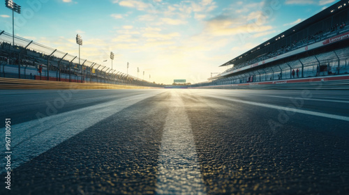 Race track view at sunset with grandstands and lights in the background