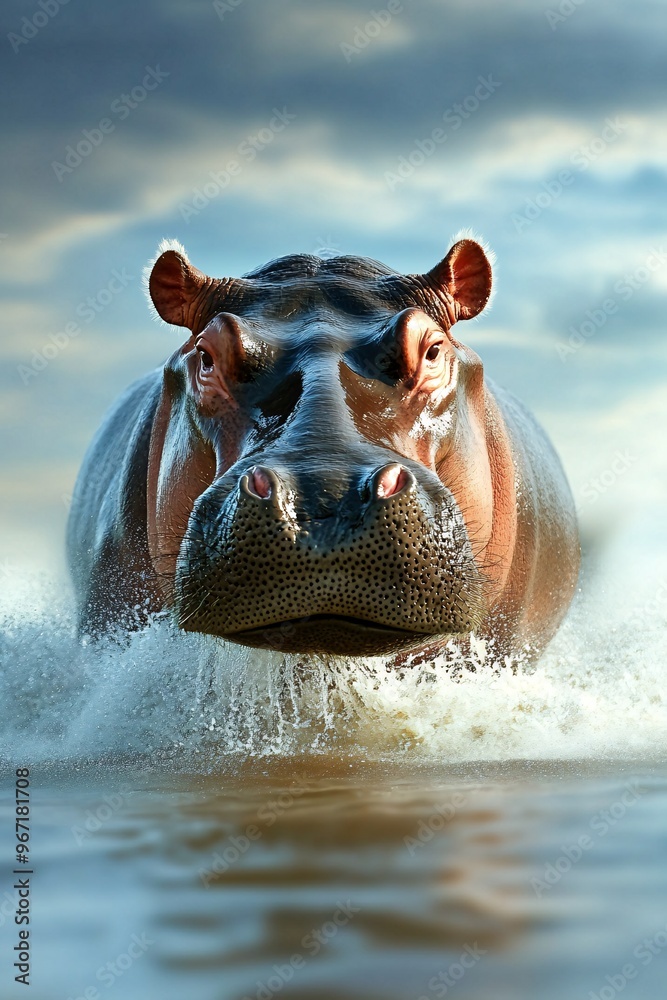 Hippopotamus Charging through Water at Dusk with a Vibrant Sky Background Hippopotamus Charging through Water at Dusk with a Vibrant Sky Background