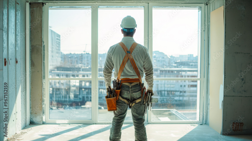 Construction worker standing by a large window in an unfinished building, observing the city skyline in daylight Construction worker standing by a large window in an unfinished building, observing the city skyline in daylight