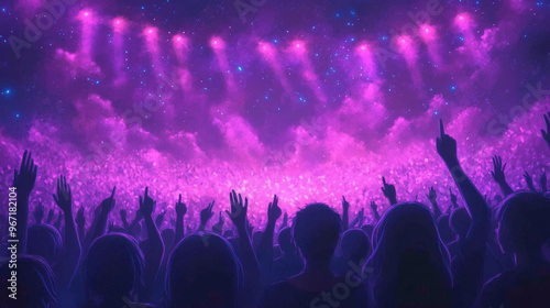 Silhouettes of a Crowd at a Concert Under a Purple Sky, Anime Style