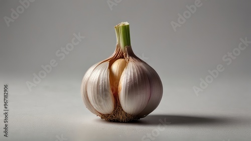 Full image of a single Garlic bulb isolated on a white background, Jpeg file