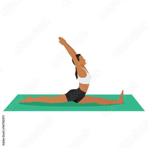 Young woman doing Splits Pose, Front splits pose, Monkey Pose or Hanumanasana. Flat vector illustration isolated on white background