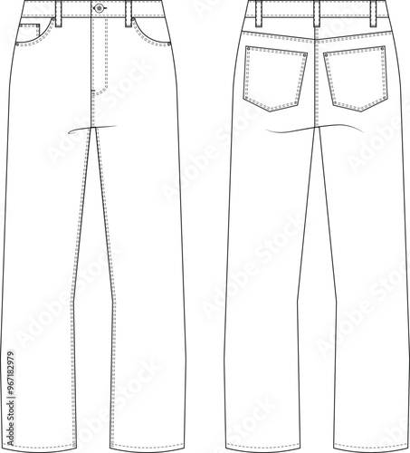 5 pocket mid rise straight man pant trouser jean denim template technical drawing flat sketch cad mockup fashion  man male design style model
