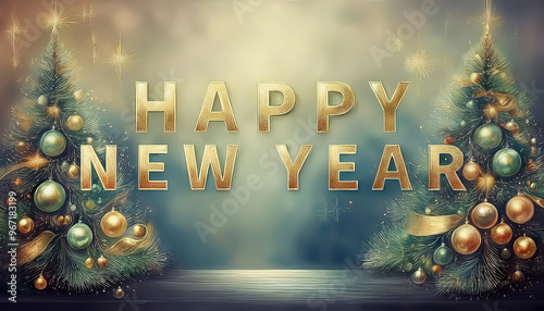 Happy New Year written, yellow gilded green colored, celebration concept wallpaper