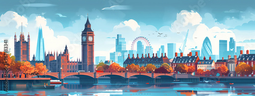 Colorful artistic illustration showcasing a panoramic view of london with big ben, london eye, and thames river on a sunny day