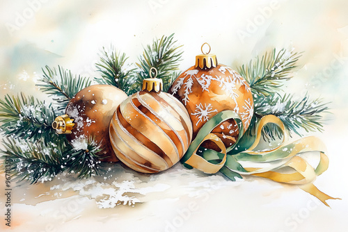 Watercolor Christmas Ornaments with Snow and Pine Branches