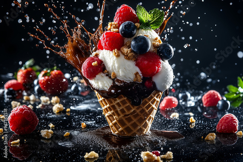 Ice Cream Cone with Berries and Chocolate Splash on Black Background
