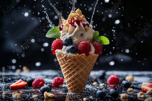 Ice Cream Cone with Fresh Berries and Splashing Syrup on Dark Background