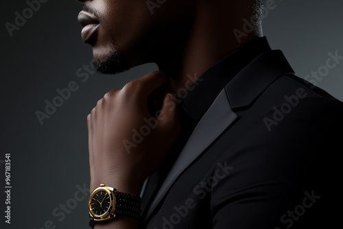 Sophisticated Black Man in Black Suit with Gold Wristwatch and Beaded Bracelet