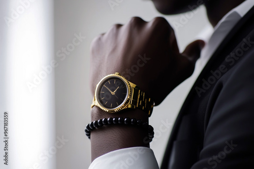 Close-up of a Black Man's Hand Wearing a Gold Wristwatch and Beaded Bracelet in Elegant Attire