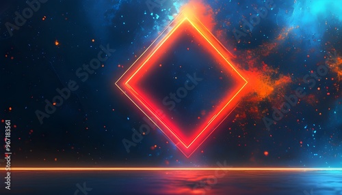 Cosmic Neon Dreamscape with Glowing Lines and Shapes in Dark Blue, Red and Orange, Framed by Diamonds and Enhanced by Stars and Galaxies photo