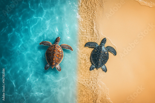 Top-Down View of Two Sea Turtles on Split Landscape of Ocean and Sandy Beach