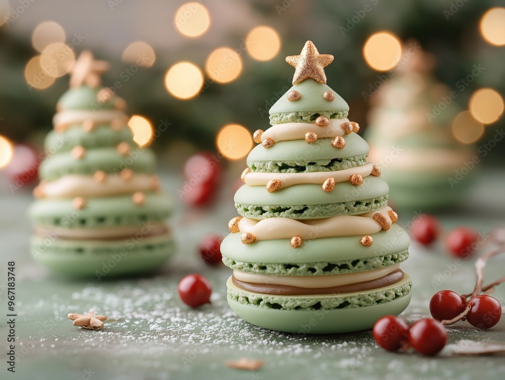 Festive green macaron shaped like a Christmas tree with holiday decor Festive green macaron shaped like a Christmas tree with holiday decor
