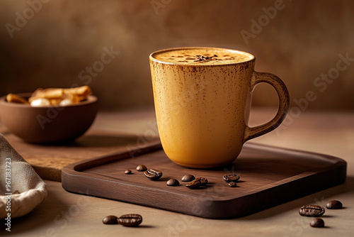 Warm Rustic Coffee Cup with Wooden Tray and Coffee Beans in Cozy Atmosphere