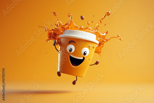 Happy Coffee Cup Character Splashing with Joy