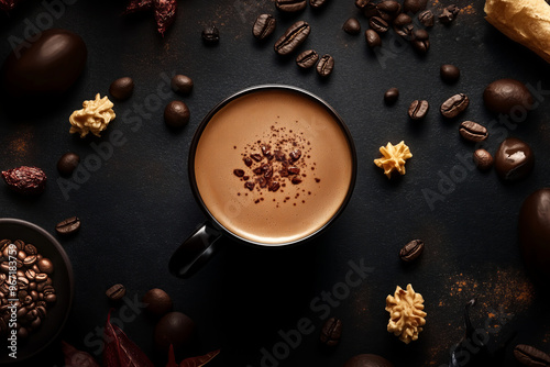 Top View of Coffee Cup with Rich Frothy Texture Surrounded by Coffee Beans and Chocolates