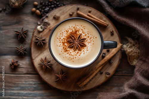Top View of Spiced Coffee with Star Anise on Rustic Wooden Table