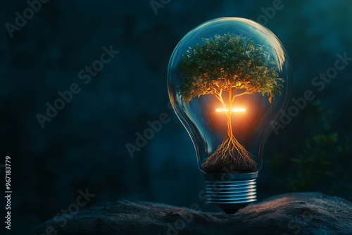 Tree Growing Inside a Light Bulb with Glowing Roots in Dark Setting