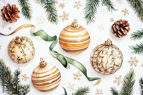 Watercolor Christmas Decorations with Pine Cones, Ornaments, and Green Ribbon