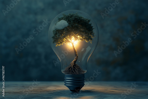Illuminated Tree Growing Inside a Light Bulb, Symbolizing Sustainability and Innovation
