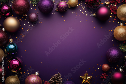 Festive Christmas Ornaments and Glitter on a Purple Background