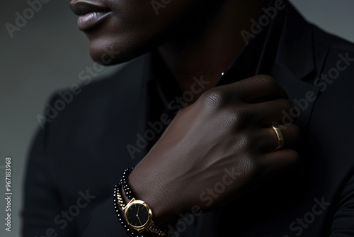 Elegant Black Man's Hand in a Stylish Watch and Ring, Minimalist Fashion