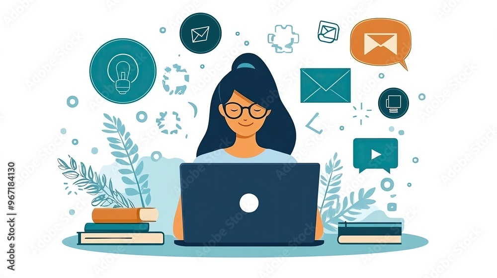 A woman working on a laptop surrounded by colorful digital communication icons and books, embodying productivity and creativity. A woman working on a laptop surrounded by colorful digital communication icons and books, embodying productivity and creativity.