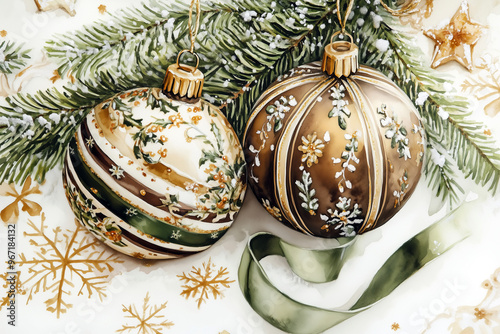 Watercolor Christmas Ornaments with Floral Details and Pine Branches