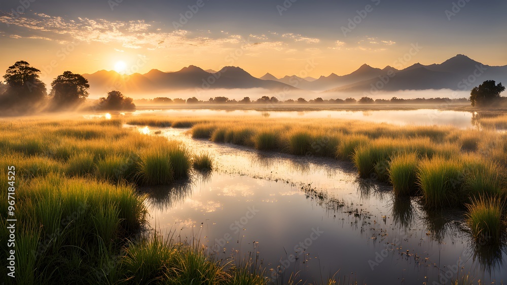 A beautiful landscape with a river and mountains in the background A beautiful landscape with a river and mountains in the background
