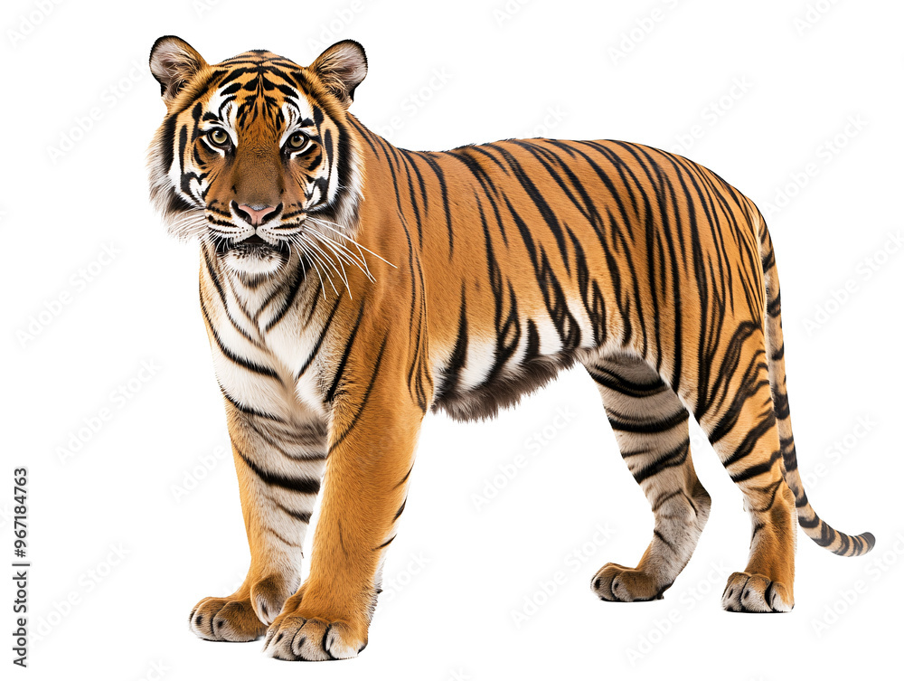a tiger standing on a white background