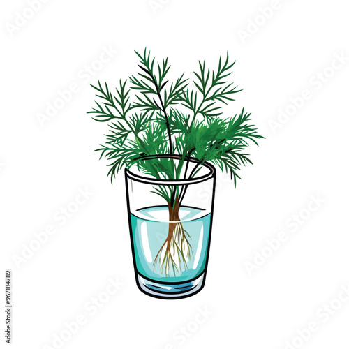 A single glass of water with fresh green dill sprigs growing in it, the roots are visible in the water.