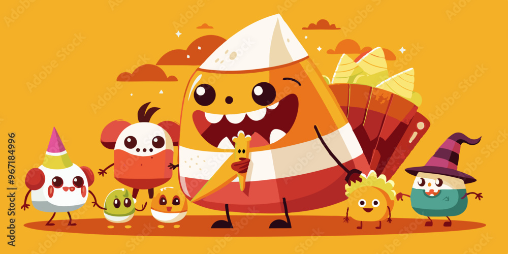 Candy Corn Vector with Festive Characters Sharing Treats Candy Corn Vector with Festive Characters Sharing Treats