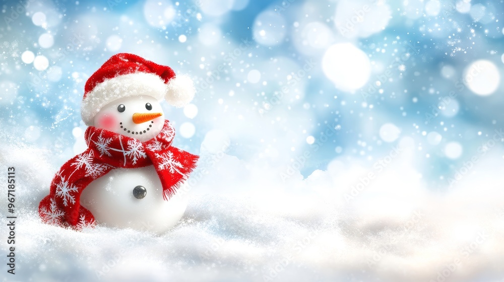 Cute Smiling Snowman in Red Scarf and Hat on Festive Snowy Blue Background with Copy Space Cute Smiling Snowman in Red Scarf and Hat on Festive Snowy Blue Background with Copy Space