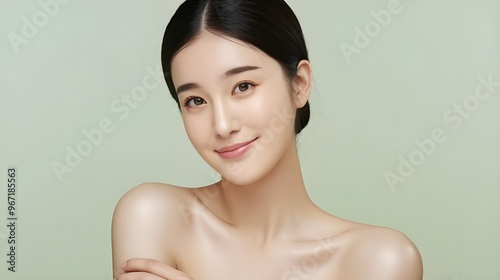 young korean woman with smooth, clear skin, minimal makeup, and dark brown eyes. Her hair is black and neatly pulledback, emphasizing her clean and natural look. photo