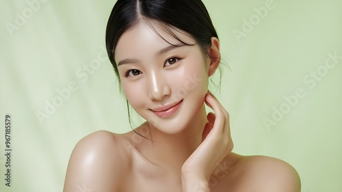 young korean woman with smooth, clear skin, minimal makeup, and dark brown eyes. Her hair is black and neatly pulledback, emphasizing her clean and natural look. photo