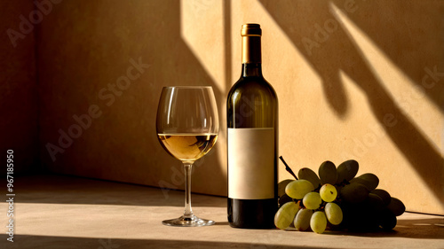 Light poured down onto wine bottles, glasses and bunches of green grapes. photo