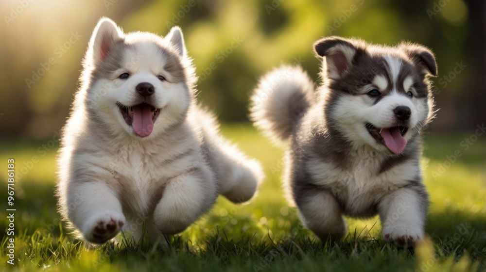 Two chubby Alaskan Malamute puppies are running energetically in a green field under bright sunlight. Two chubby Alaskan Malamute puppies are running energetically in a green field under bright sunlight.