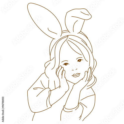 girl with white rabbit ears and a painted face looks at the camera.