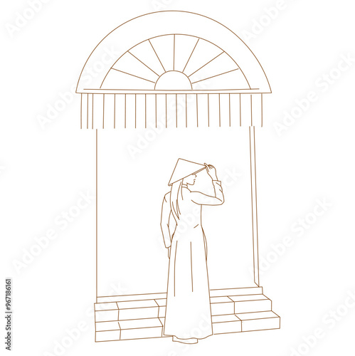 Vietnamese girl in traditional white ao dai dress with vietnamese hat