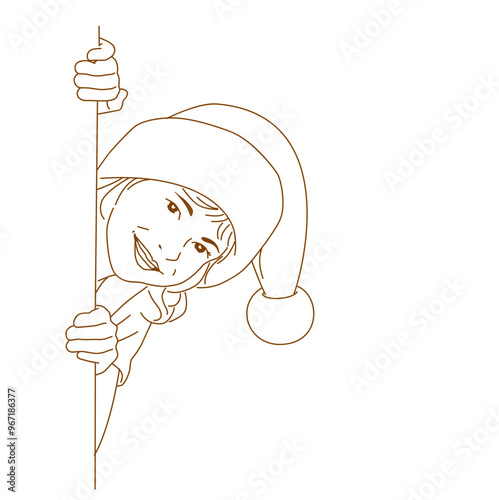 Kid hiding behind card blank. Christmas Xmas winter holiday concept