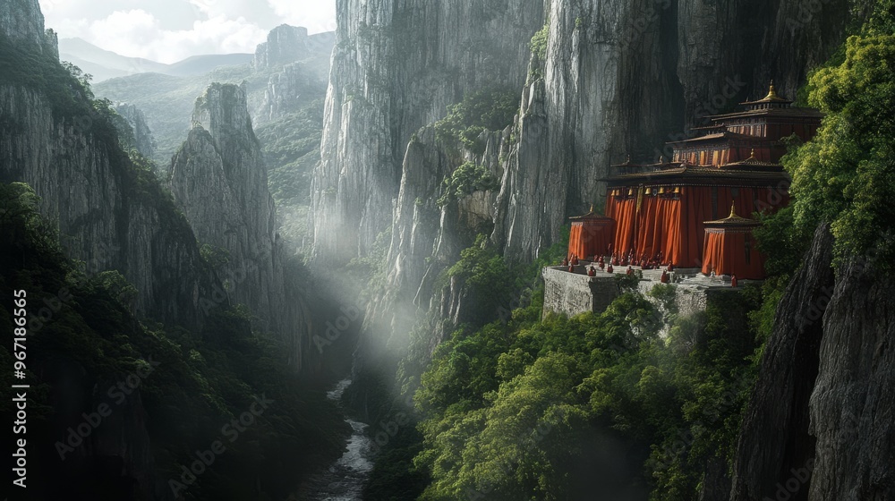 Fototapeta premium A hidden monastery in a valley, surrounded by towering cliffs and dense forests, with monks meditating.