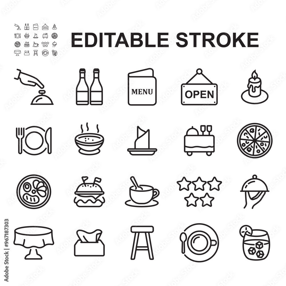 Collection of restaurant related icons. Contains icons such as menu list, food, furniture. thin line style vector. Collection of restaurant related icons. Contains icons such as menu list, food, furniture. thin line style vector.