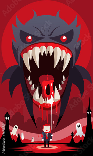 Gigantic Vampire Fangs Dripping with Blood, Spooky Scene with Characters Dodging and Using Fangs