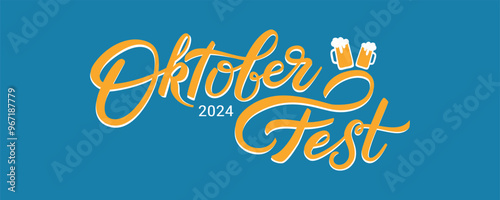 Vector Banner for Oktoberfest 2024 on blue background. Autumn German Beer Festival poster. Modern Flat design with lettering, beer and copy space