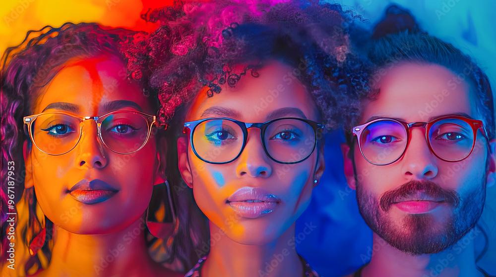 Fototapeta premium Multicultural team wearing glasses posing under colorful lights