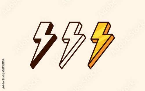 Three Cartoon illustration vector Stylized Electric Bolt Icons in Brown, White, and Gold