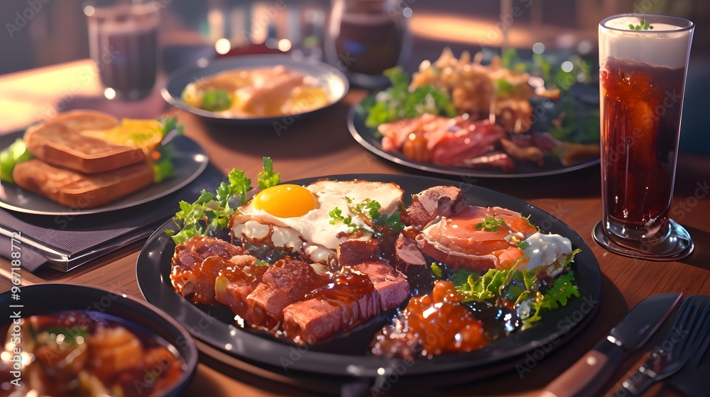 Delicious Breakfast with Fried Egg, Meat and Toast. Delicious Breakfast with Fried Egg, Meat and Toast.