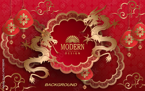 Great textured postcard in red with a round frame and golden dragons.