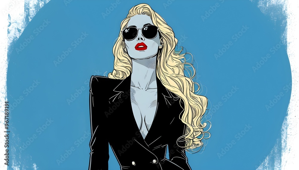 Stylish woman in black suit and sunglasses with long blonde hair ...